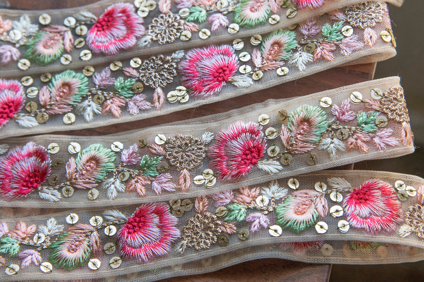 1 yard-Pink and pastel green floral thread embroidery ribbon on mesh fabric-green leaf rose floral trim for bow making, edging-dress making
