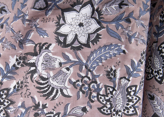 1 yard-Dusty brown blue grey floral motif hand block printed cotton fabric-tote bag fabric/girls dress fabric/quilting/decor/women's dress
