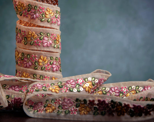 1 yard-Pink and yellow floral thread embroidery ribbon on mesh fabric-green leaf red floral trim for bow making, edging-dress making