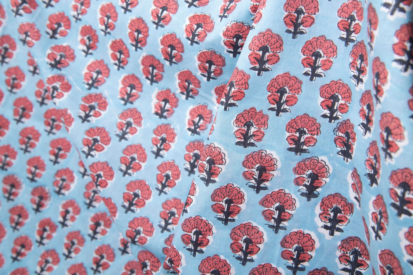 1 yard-Blue with red floral motif hand block printed cotton fabric-tote bag /girls dress fabric/quilting/decor/women's dress