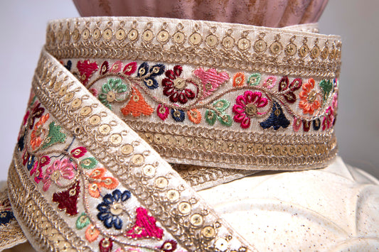 1 yard-Off white cream floral thread embroidery ribbon with multicolor embroidery-gold wide floral trim for bow making, edging-dress making