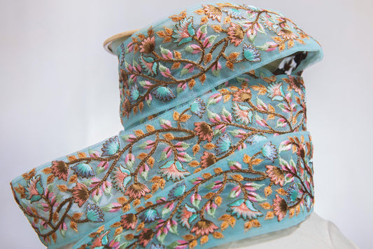 1 yard-Aqua blue floral-orange pink thread embroidery ribbon on mesh fabric-green leaf rose floral trim for bow making, edging-dress making
