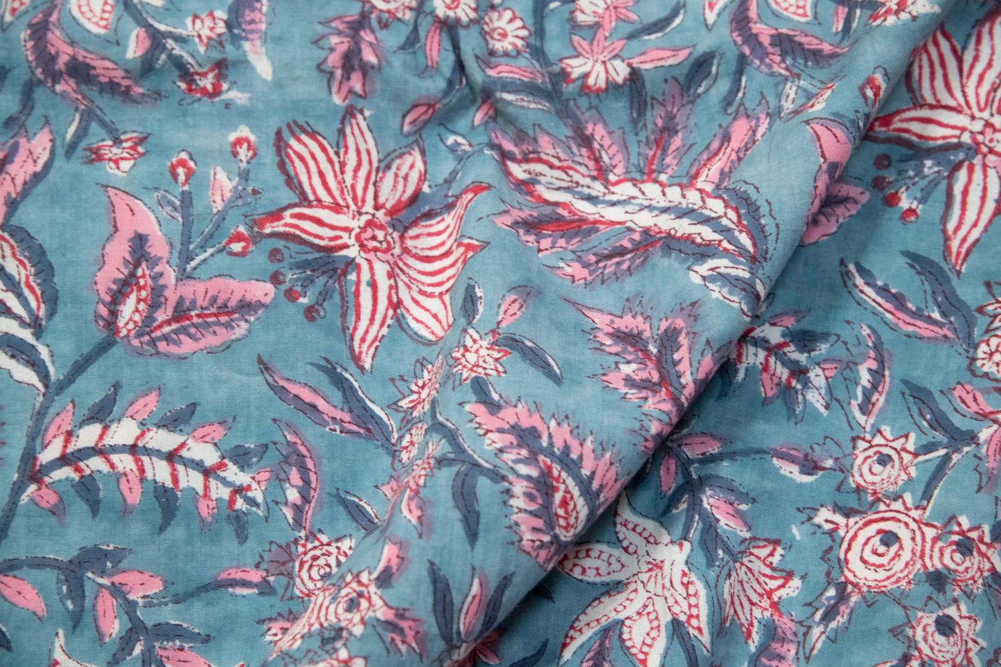 1 yard-Teal blue with pink and red floral vines hand block printed cotton fabric-dress fabric/quilting/decor/hair accessories fabric