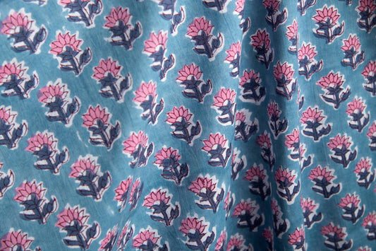 1 yard-Teal blue with pink flower motifs hand block printed cotton fabric-dress fabric/quilting/decor/hair accessories fabric