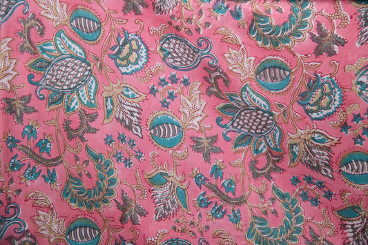 1 yard-Watermelon pink with aqua and green floral vines hand block printed cotton fabric-dress fabric/quilting/decor/hair accessories fabric