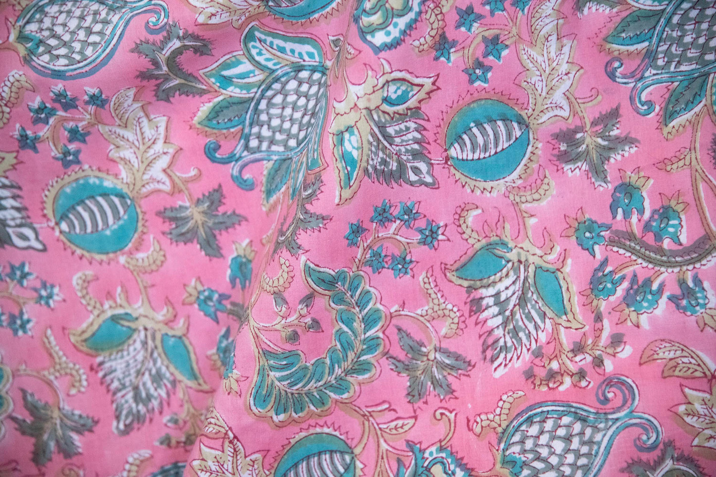 1 yard-Watermelon pink with aqua and green floral vines hand block printed cotton fabric-dress fabric/quilting/decor/hair accessories fabric