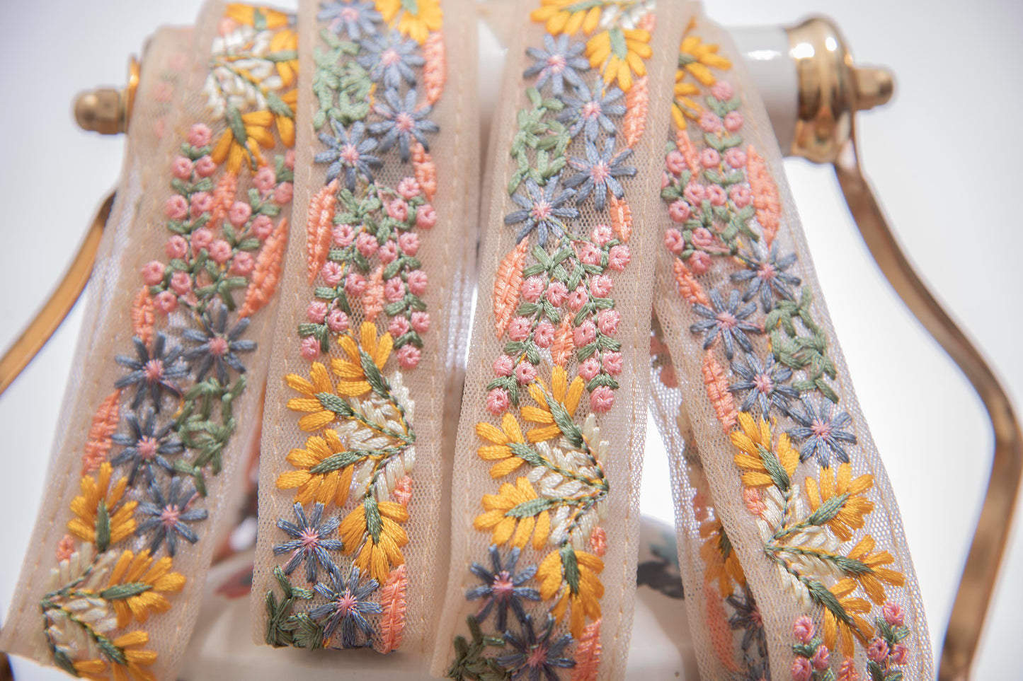 1 yard-Delicate yellow blue pink floral thread embroidery ribbon nude mesh fabric-ribbon bow making, bridal bouquet trim-dress making