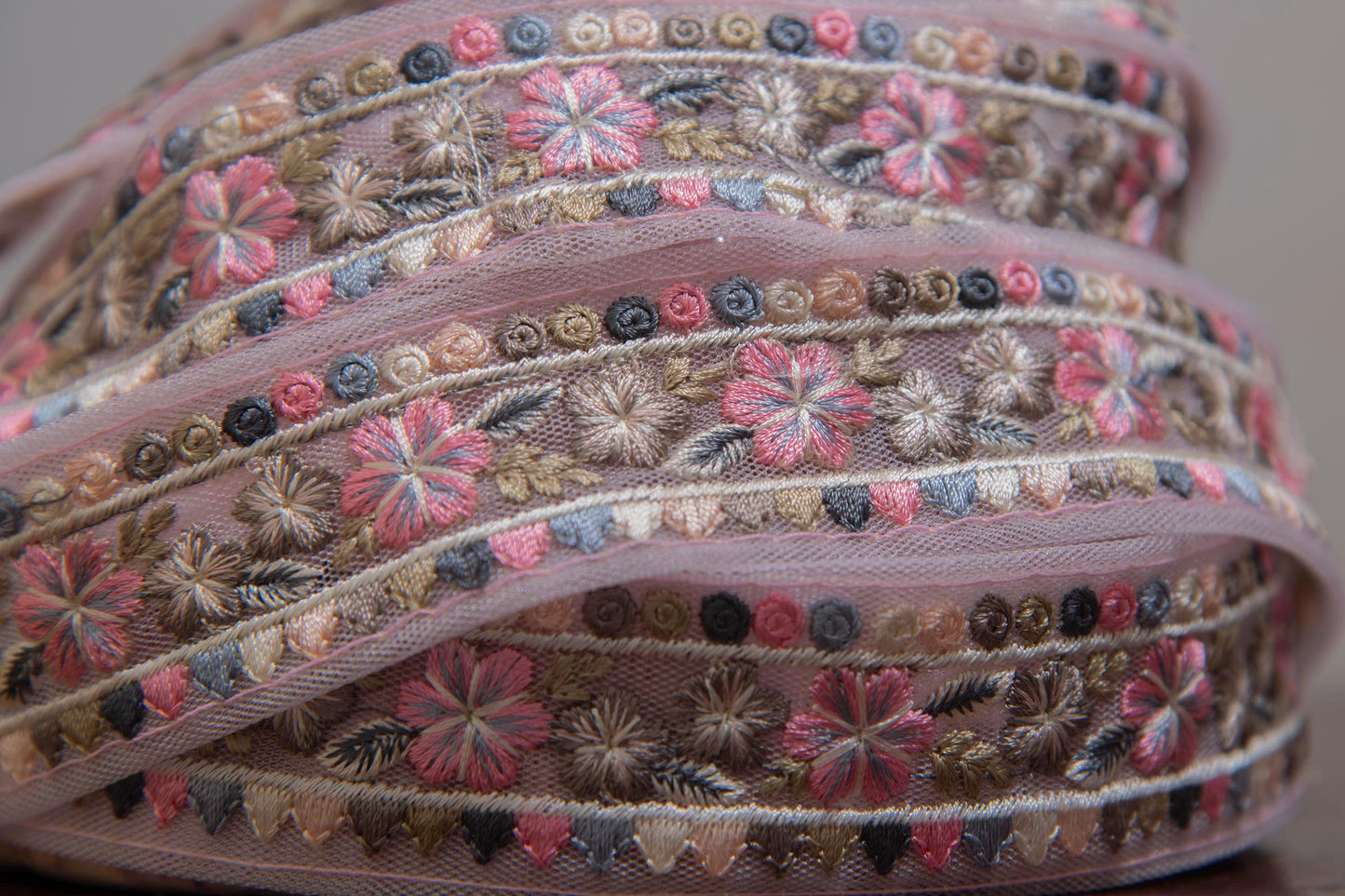 1 yard-Baby pink and blue pastel floral thread embroidery ribbon blush pink mesh fabric-ribbon bow making, bridal bouquet trim-dress making