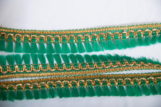 1 yard- Forest green tassel ribbon/metallic gold trim-woven Indian embroidery ribbon-boho ribbon-gift wrap decorative trim-wedding ribbon