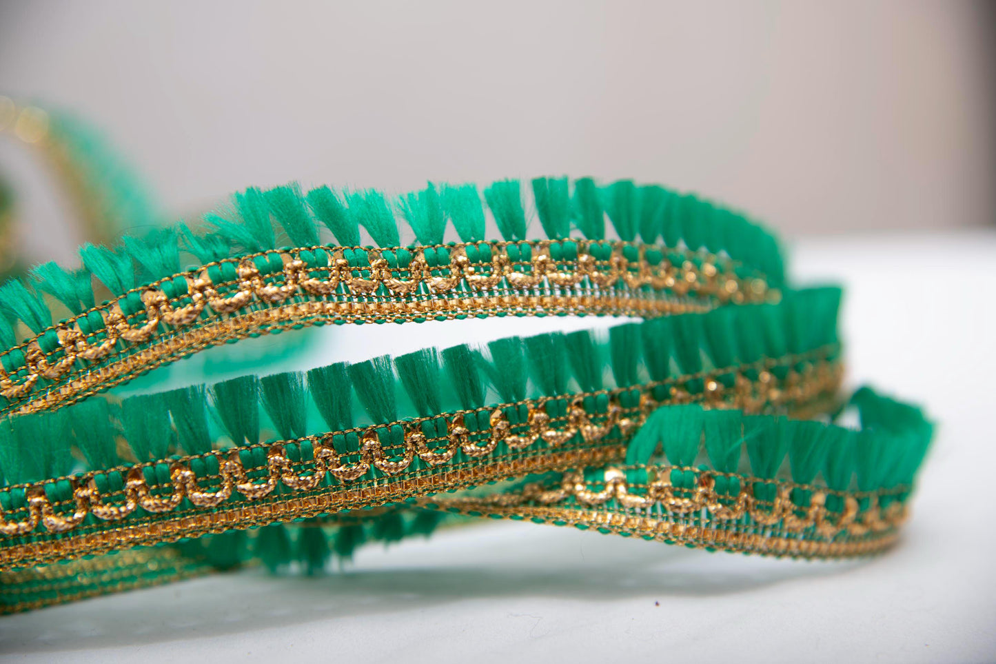 1 yard- Forest green tassel ribbon/metallic gold trim-woven Indian embroidery ribbon-boho ribbon-gift wrap decorative trim-wedding ribbon