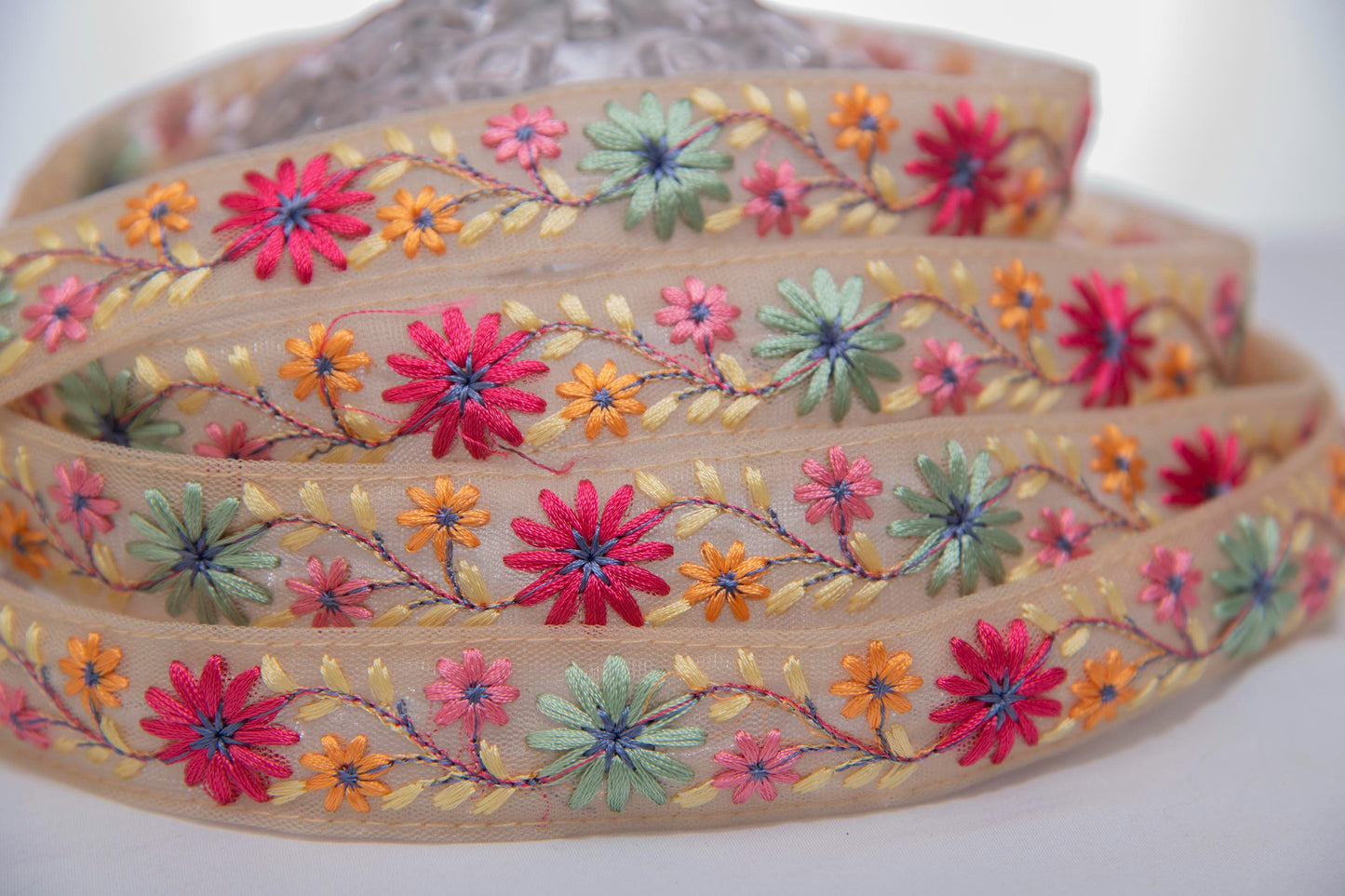 1 yard-Red and blue delicate floral thread embroidery ribbon on mesh fabric-Rose pink, yellow, orange and navy-trim for bow making
