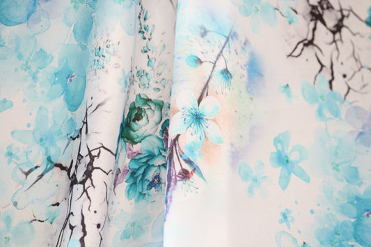 White and ice aqua blue green satin charmeuse- aqua blue and green stunning rose abstract print satin fabric