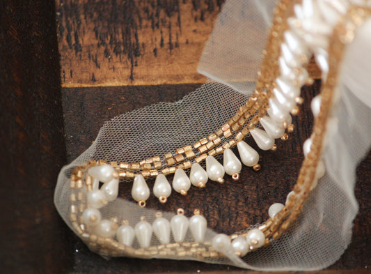 Delicate gold hand embroidery ribbon for bridal and wedding belt/ bouquet trim