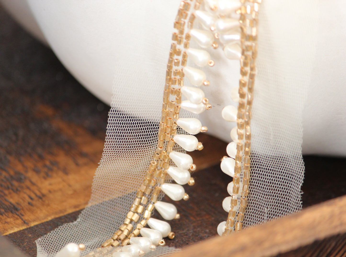 Delicate gold hand embroidery ribbon for bridal and wedding belt/ bouquet trim