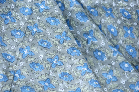 Grey with blue floral motif hand printed cotton fabric-slate grey floral print