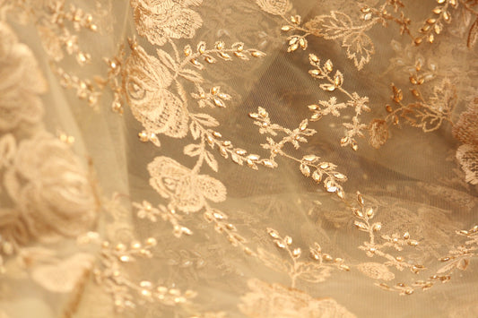 Organza fabric by the yard-beige organza embroidery -Indian embellished fabric- floral embroidery-brown embroidery flower