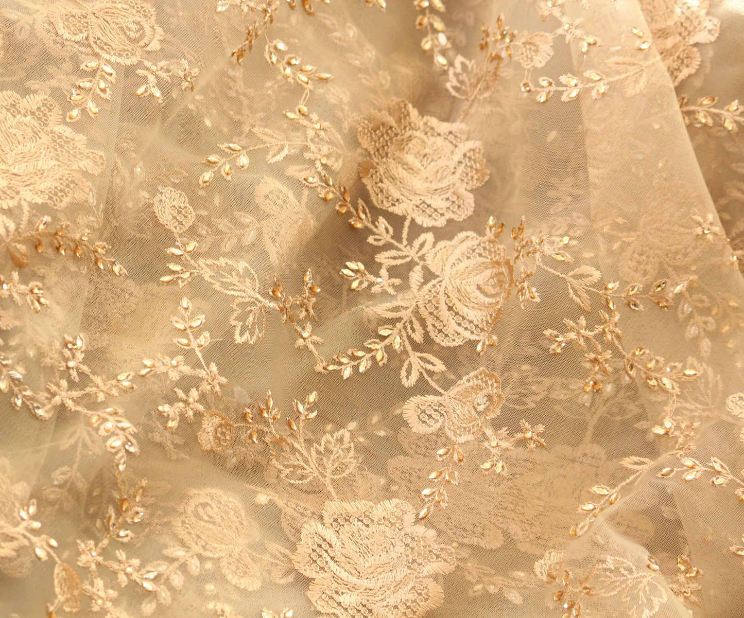 Organza fabric by the yard-beige organza embroidery -Indian embellished fabric- floral embroidery-brown embroidery flower