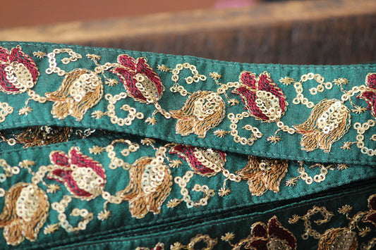 Ribbon by the yard- Green embellished gold Indian embroidery ribbon- fabric ribbon-metallic wedding ribbon