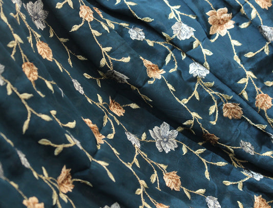 Half yard-Navy with a tint of green embroidery fabric-floral embroidery on crinkled chiffon fabric-Indian floral embroidery