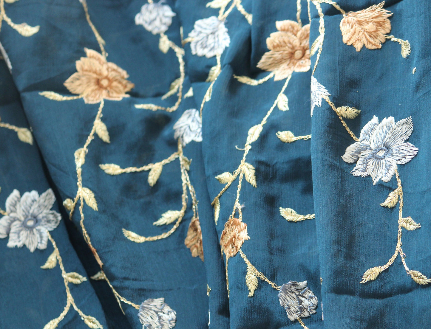 Half yard-Navy with a tint of green embroidery fabric-floral embroidery on crinkled chiffon fabric-Indian floral embroidery