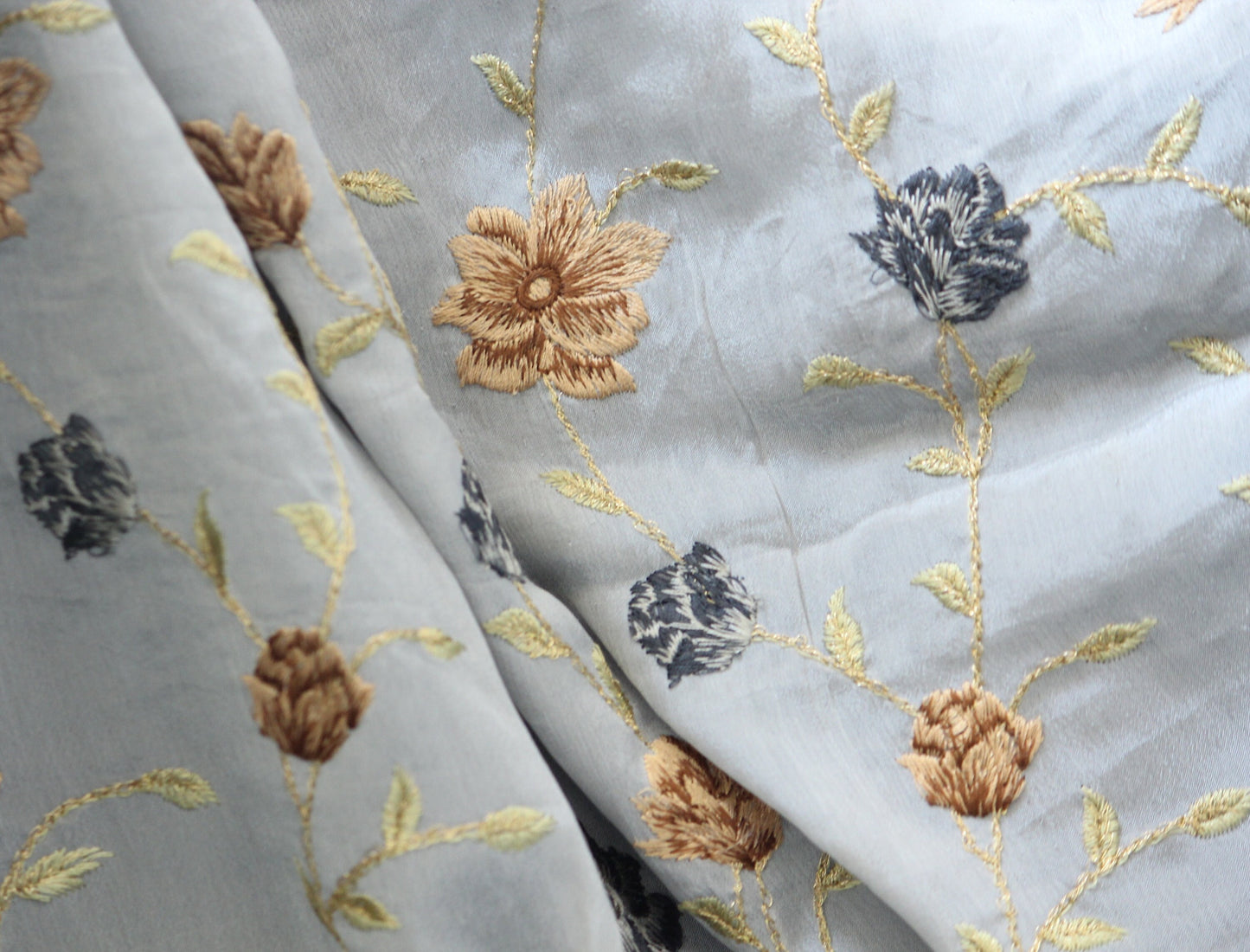 Half yard-Dove grey fabric with of brown embroidery -floral embroidery on satin chiffon fabric-Indian floral embroidery