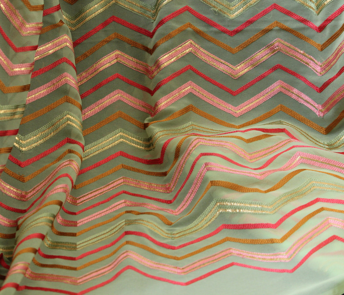 Half yard-Apple green with multicolor chevron embroidery fabric-chevron embroidery chiffon fabric-Indian embroidery