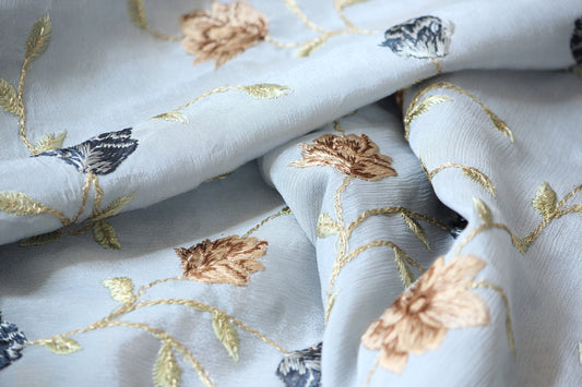 Half yard-Dove grey fabric with of brown embroidery -floral embroidery on satin chiffon fabric-Indian floral embroidery