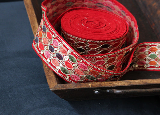 Ribbon by the yard- Red multicolored embroidery ribbon-woven Indian ribbon-bouquet ribbon-bridal ribbon- gift wrap- wedding ribbon