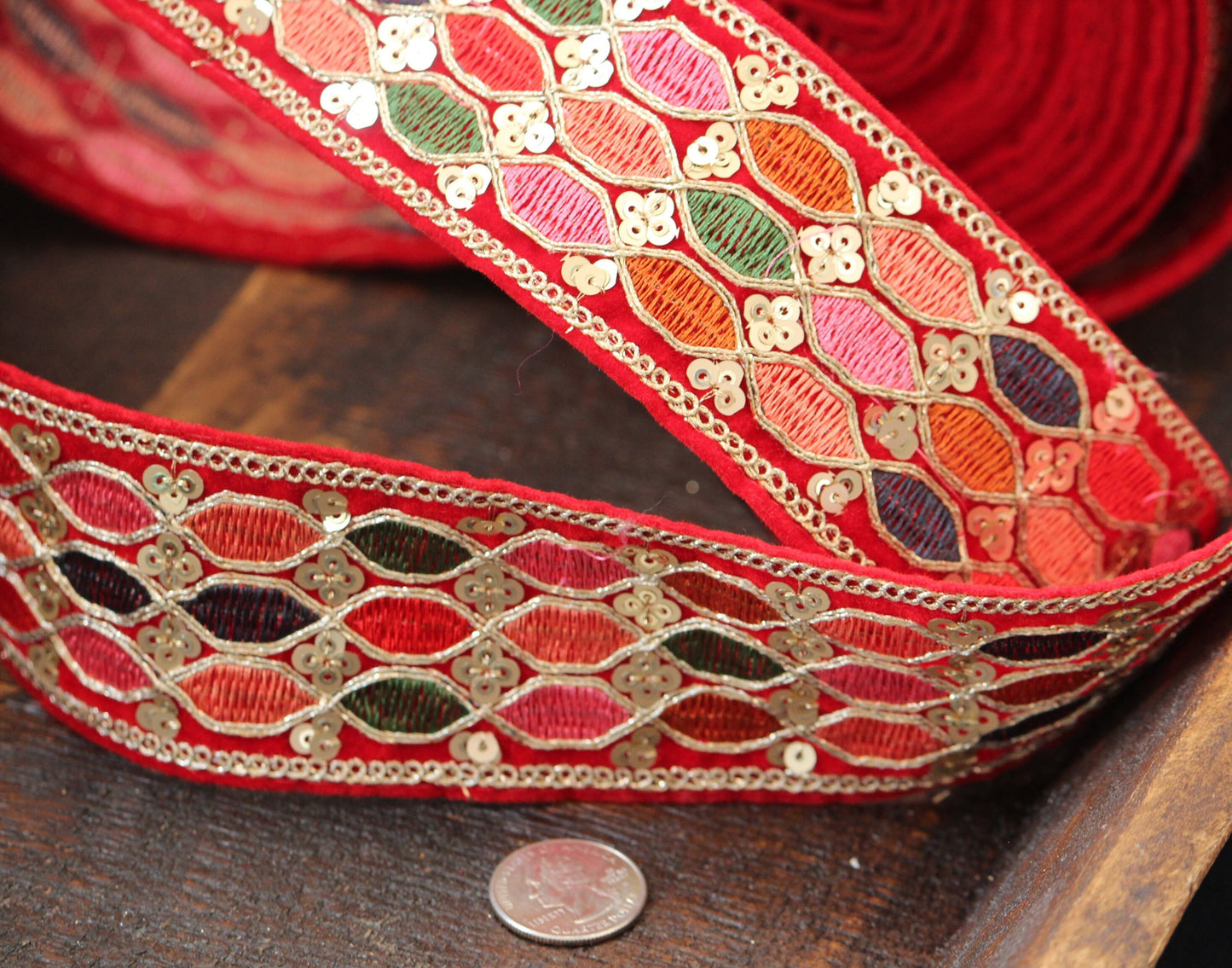 Ribbon by the yard- Red multicolored embroidery ribbon-woven Indian ribbon-bouquet ribbon-bridal ribbon- gift wrap- wedding ribbon