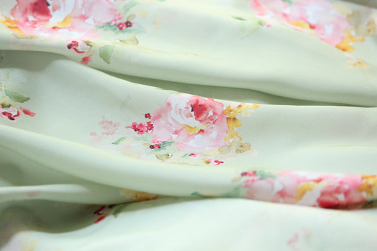 1 yard-luxurious satin charmeuse fabric by the yard-pastel mint watercolor look roses printed satin fabric-print pink roses-floral fabric