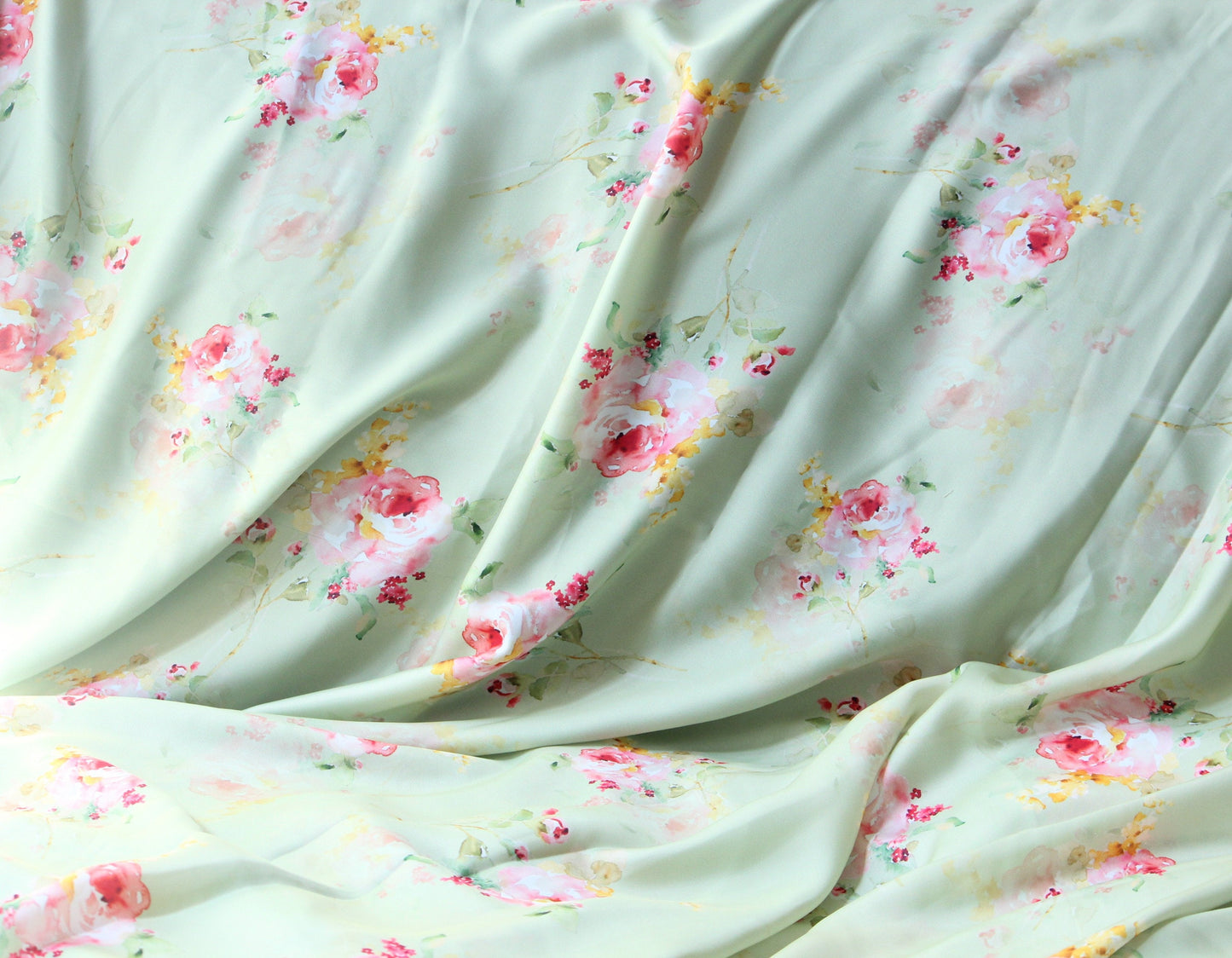 1 yard-luxurious satin charmeuse fabric by the yard-pastel mint watercolor look roses printed satin fabric-print pink roses-floral fabric