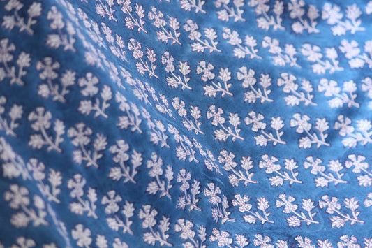 1 yard-Indigo Blue floral hand block printed cotton fabric by the yard-floral cotton fabric-Denim blue with tiny flowers