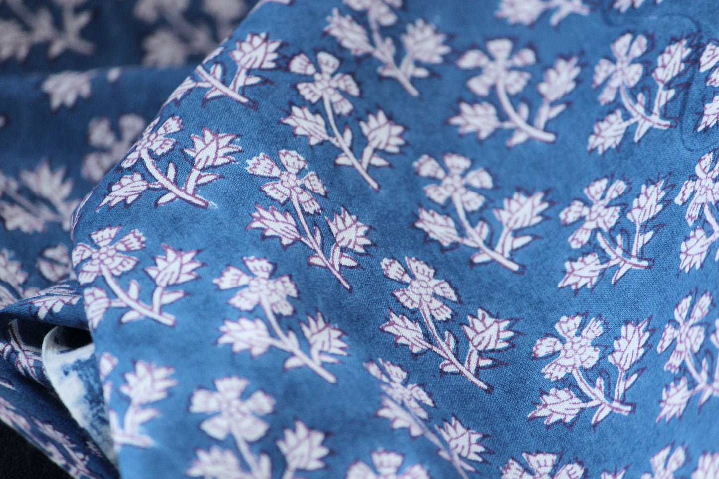 1 yard-Indigo Blue floral hand block printed cotton fabric by the yard-floral cotton fabric-Denim blue with tiny flowers