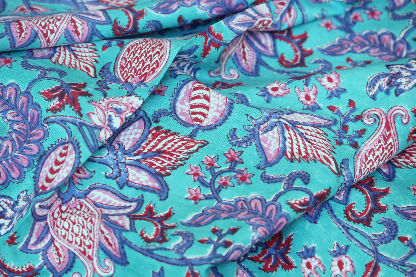 Teal, Pink and Red floral hand block printed cotton fabric by the yard