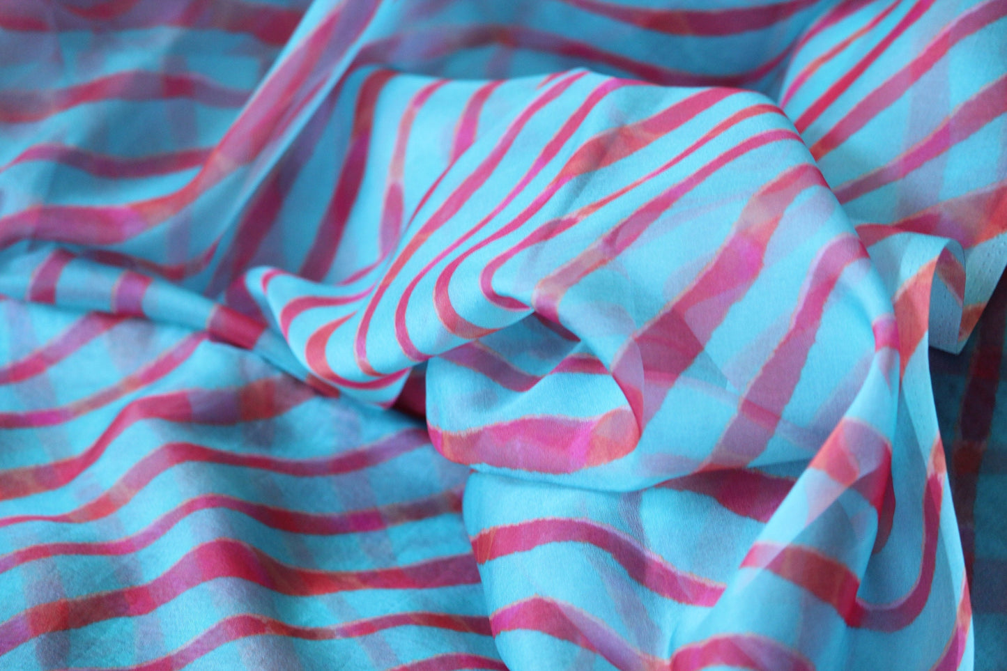 1 yard-Blue striped organza fabric by the yard-Blue with red stripe organza fabric-blue print fabric- geometric sheer fabric