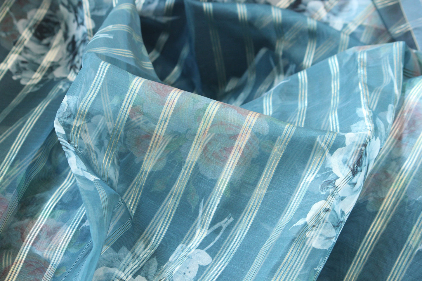 1 yard-Blue grey organza fabric by the yard-Elegant floral and lurex stripe printed organza fabric-floral fabric-print flowers-sheer fabric