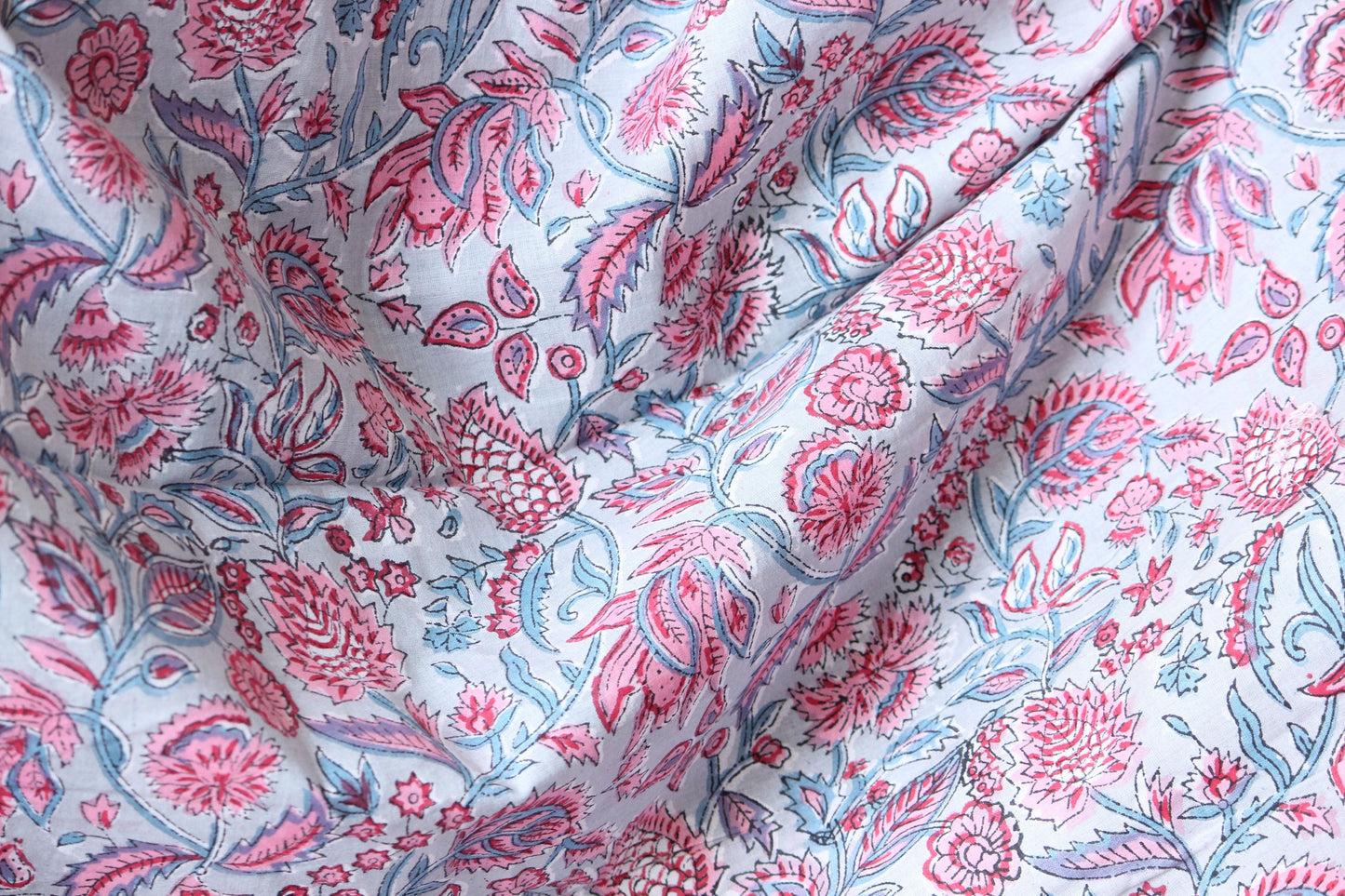 Grey with Red pink and blue hand printed cotton fabric by the yard
