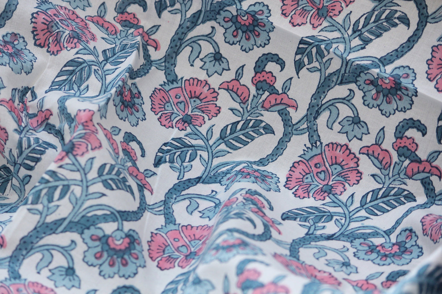 White with Blue and pink hand printed cotton fabric by the yard