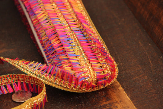Ribbon by the yard- tassel ribbon in Fuchsia pink-rainbow colors- multicolor woven tassel ribbon-holiday ribbon- gift wrap- wedding ribbon