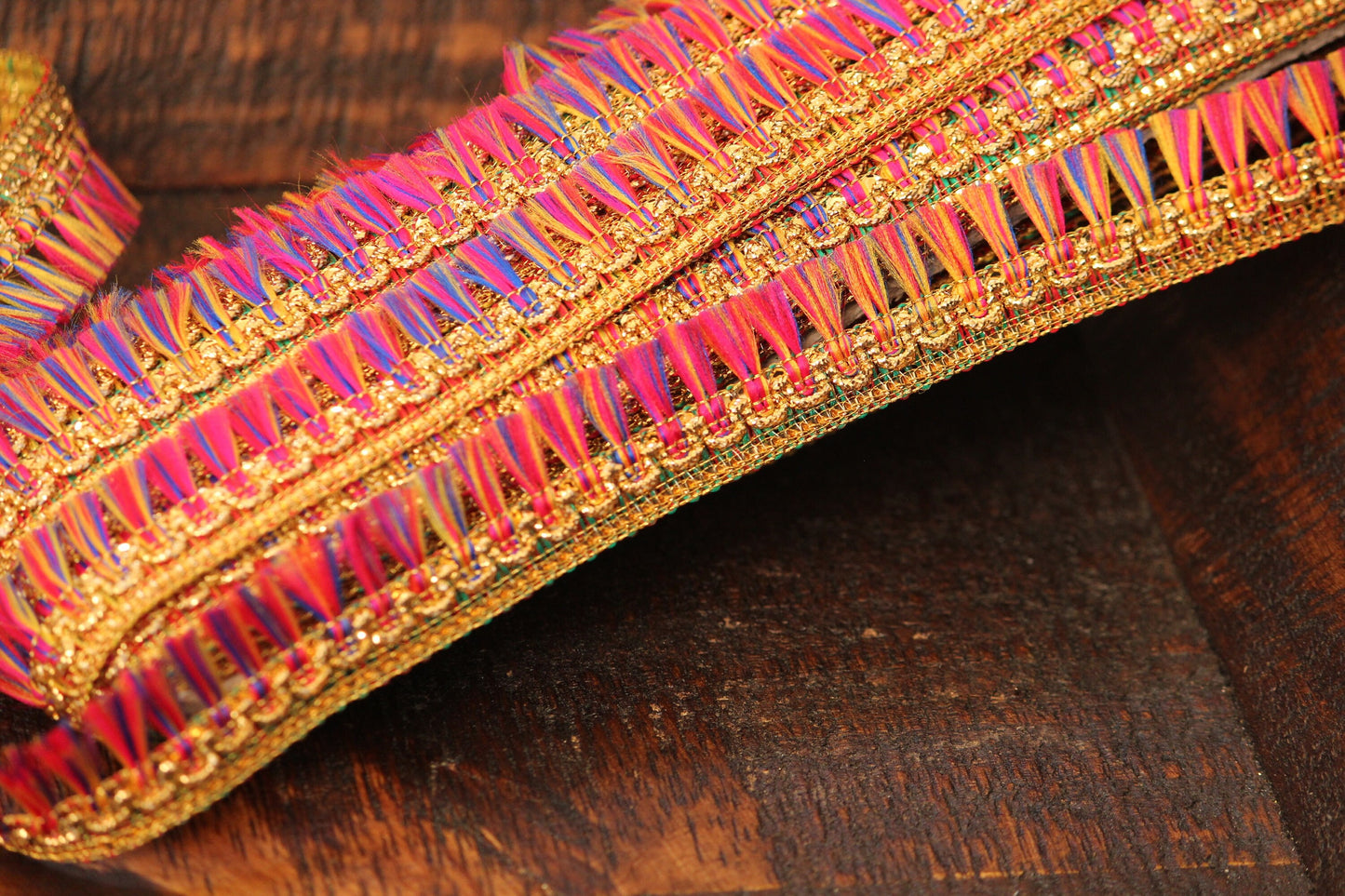 Ribbon by the yard- tassel ribbon in Fuchsia pink-rainbow colors- multicolor woven tassel ribbon-holiday ribbon- gift wrap- wedding ribbon