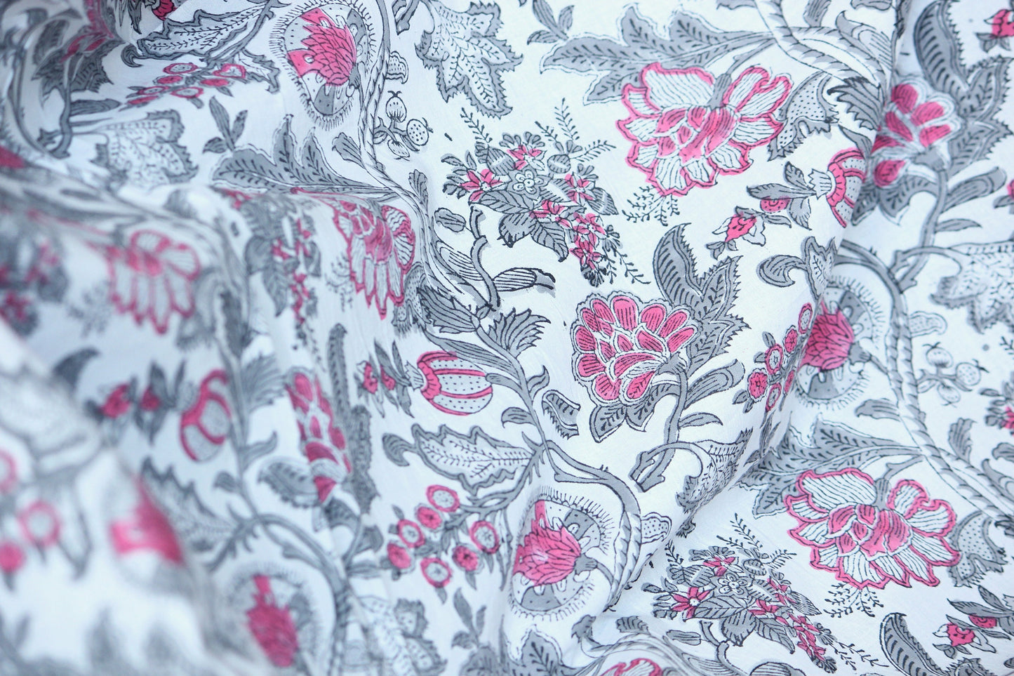 Grey and pink red floral hand block printed cotton fabric by the yard