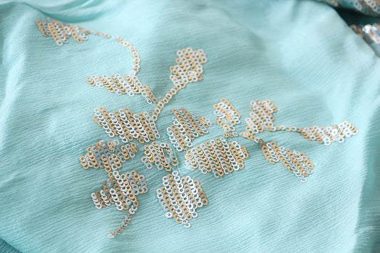 Half yard- Aqua blue crinkled chiffon embroidery fabric-semi sheer soft fabric -light blue sequin embroidery fabric-blue chiffon