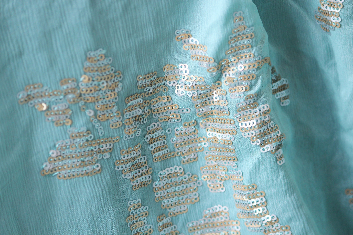Half yard- Aqua blue crinkled chiffon embroidery fabric-semi sheer soft fabric -light blue sequin embroidery fabric-blue chiffon