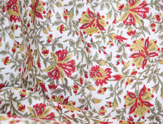 1 yard- red and yellow with green vines floral hand block printed cotton fabric by the yard-floral cotton fabric- red hand printed cotton