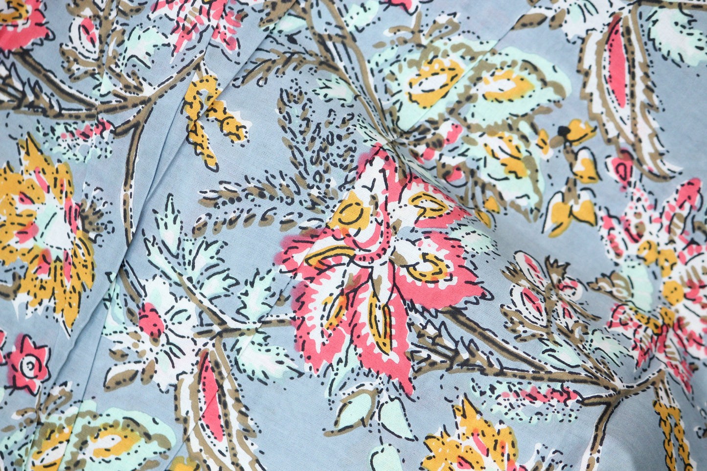 1 yard-Blue grey with salmon yellow pastel green flower motifs printed cotton fabric by the yard--grey base floral fabric-Blue floral print