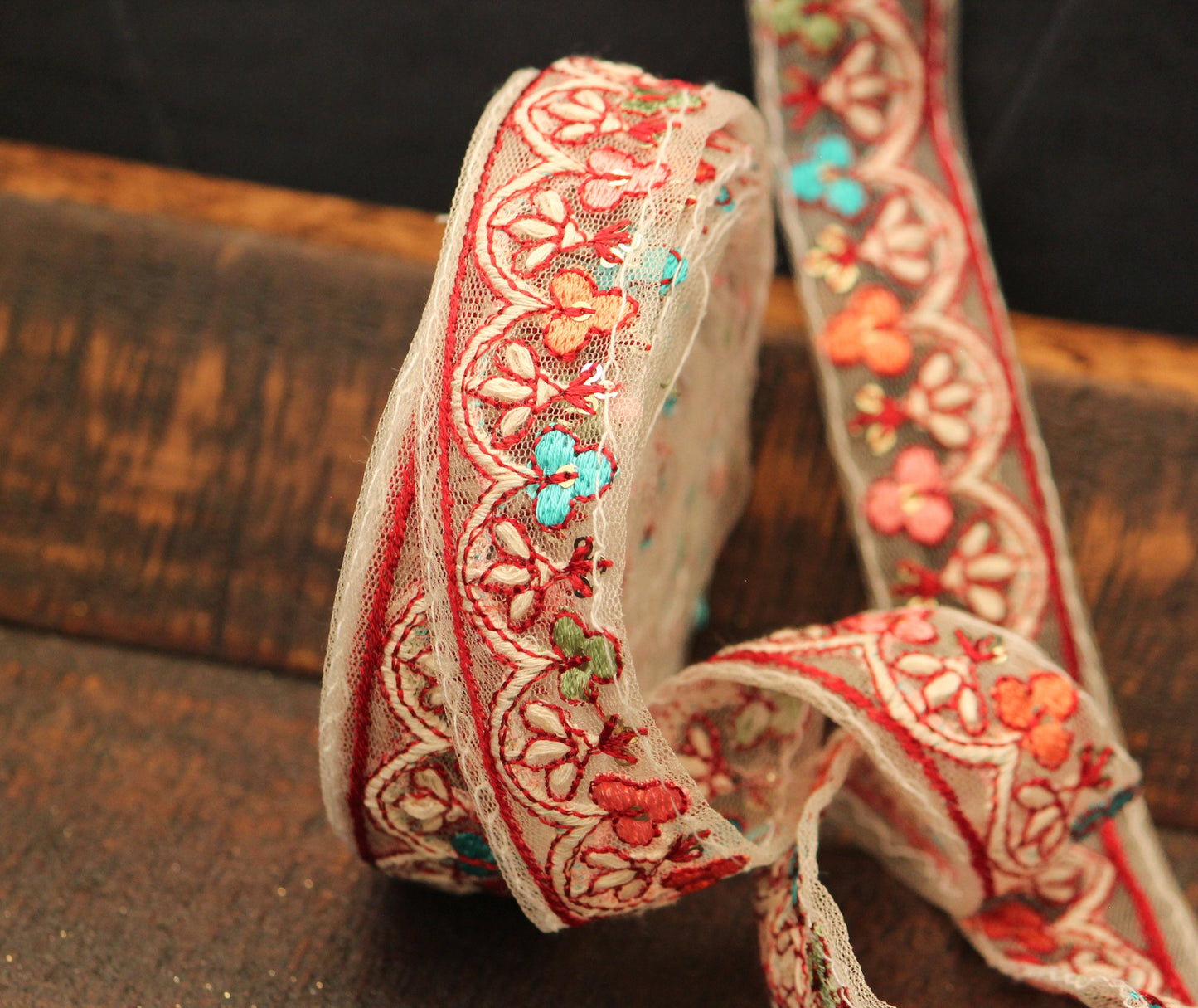 Ribbon by the yard-colorful floral ribbon with Indian embroidery-red pink orange aqua embroidery on mesh- gift wrap- wedding ribbon
