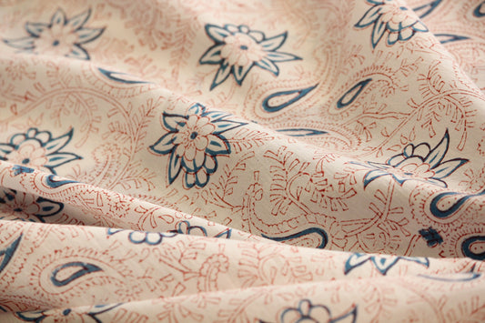 1 yard-Off-white and delicate red paisley hand block printed cotton fabric - blue floral cotton fabric by the yard