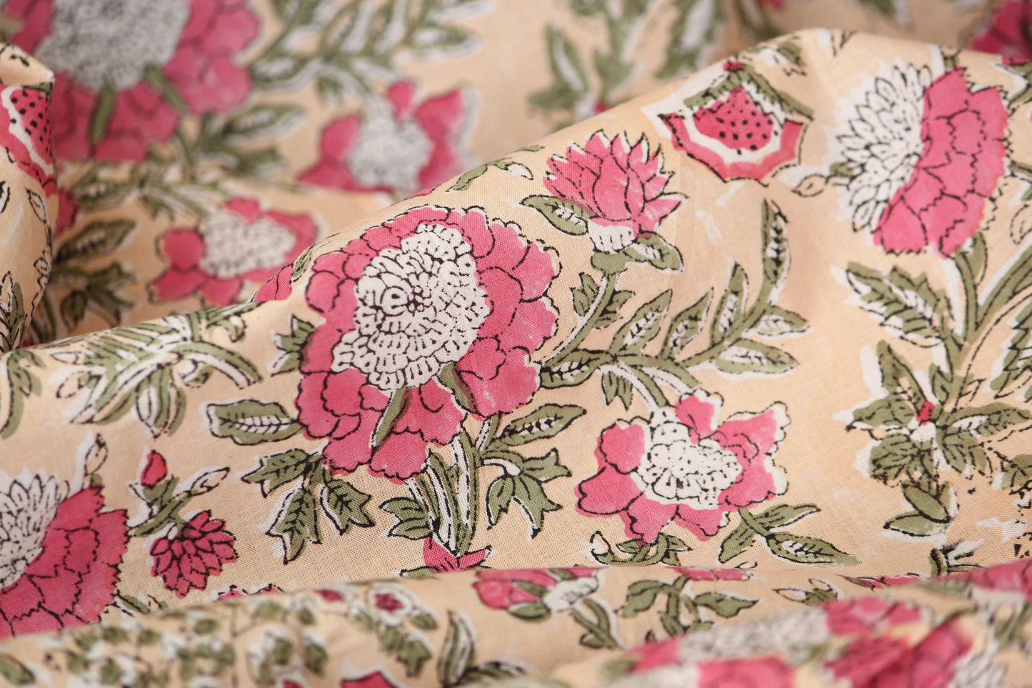 1 yard-Tropical peach with pink rose flowers and green foliage hand printed cotton-hand block print cotton fabric-red pink floral print