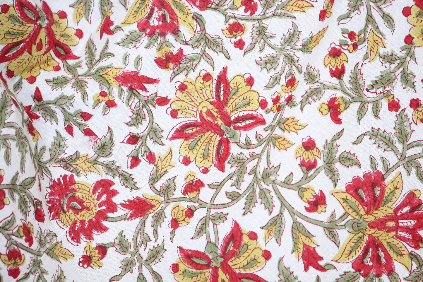 1 yard- red and yellow with green vines floral hand block printed cotton fabric by the yard-floral cotton fabric- red hand printed cotton