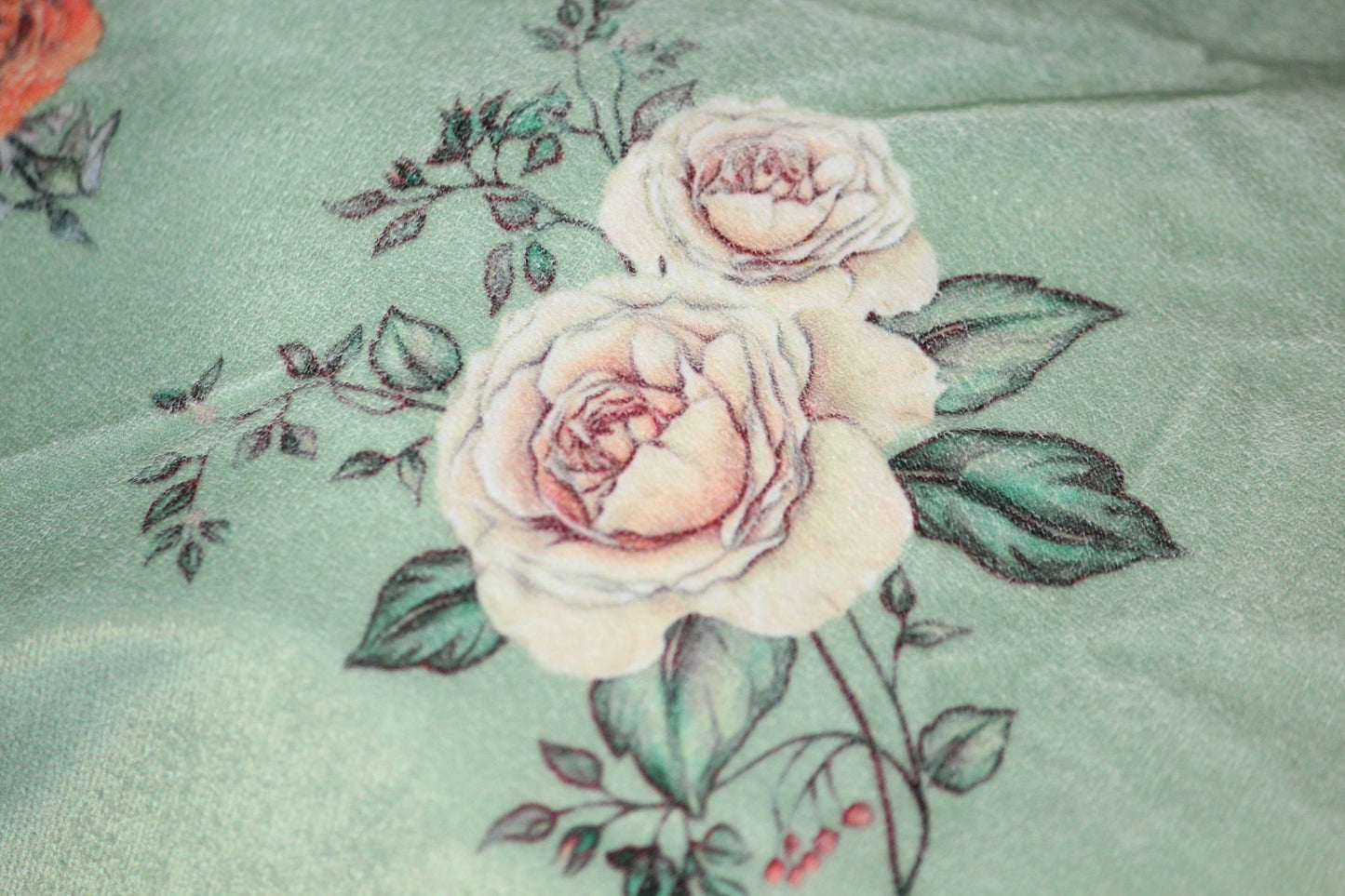 1 yard-Mint green velvet with light orange yellow and cream roses printed velvet fabric-floral print red roses fresh mint fabric